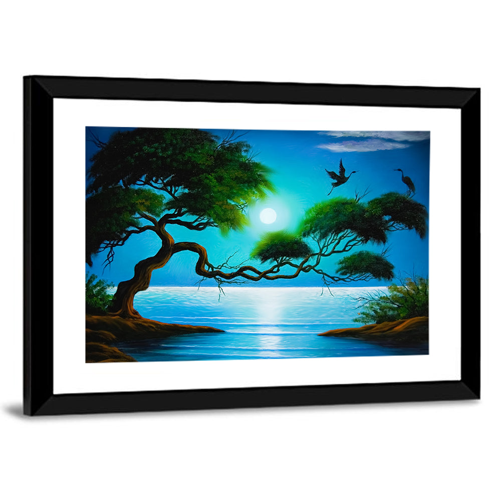 Moonlit Coastal Tree with Storks Wall Art
