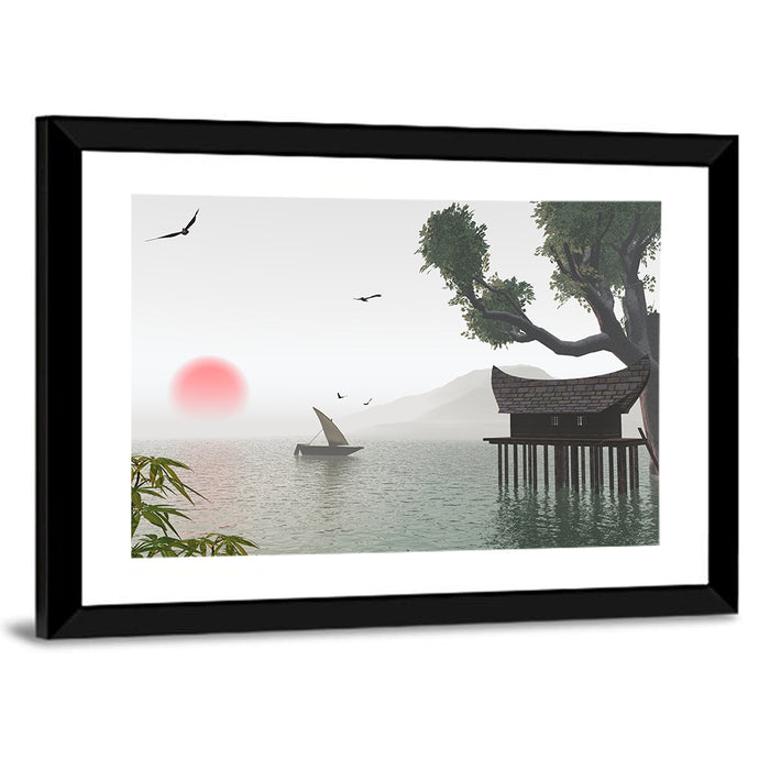 Red Sun Over Japanese Lake Wall Art as a framed print