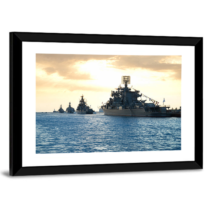 Naval Fleet at Golden Sunset Wall Art as a framed print