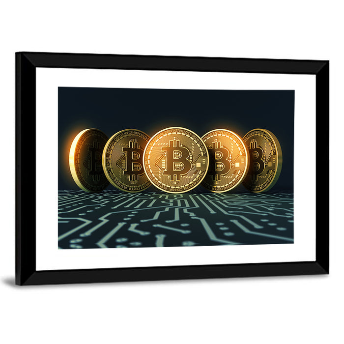Five Golden Bitcoins on Circuit Board Wall Art as a framed print