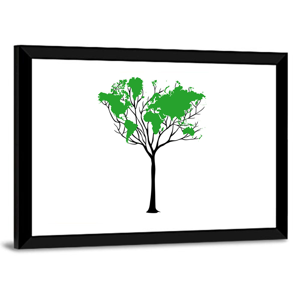 World Map Tree with Green Canopy Wall Art