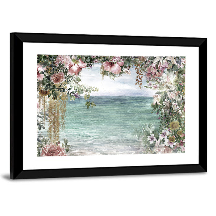 Coastal Floral Watercolor Seascape Wall Art as a framed print