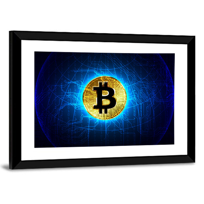 Golden Bitcoin Globe Wall Art as a framed print