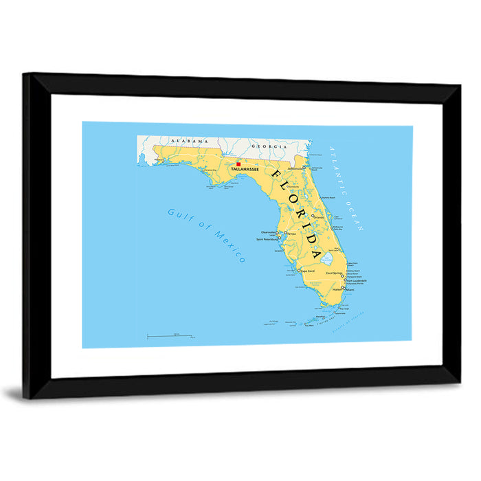 Florida Political Map, Blue and Yellow Wall Art as a framed print
