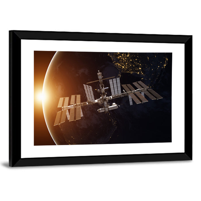 International Space Station at Sunrise Wall Art as a framed print