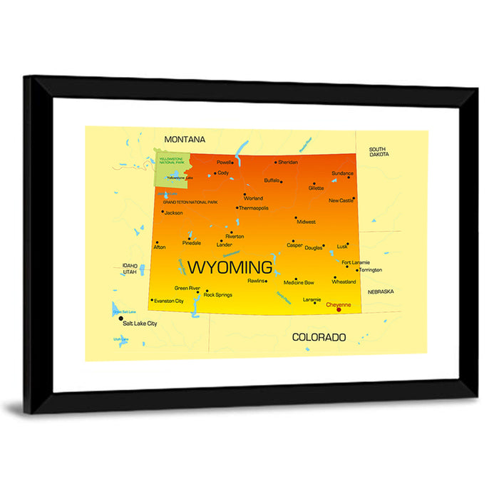 Wyoming State Map, Yellow Accent Wall Art as a framed print