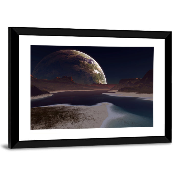 Alien Moonrise Over Lake Wall Art as a framed print