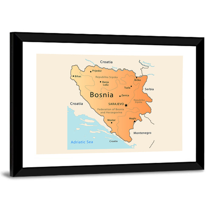 Map of Bosnia and Herzegovina Wall Art as a framed print