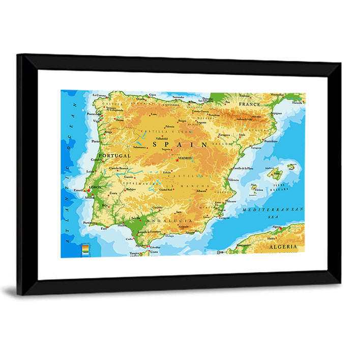 Iberian Peninsula Physical Map Wall Art as a framed print
