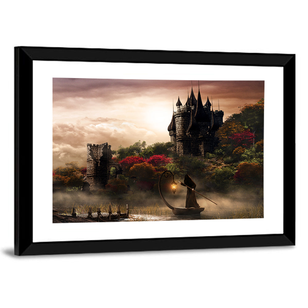 Castle Over Misty Lake at Dusk Wall Art