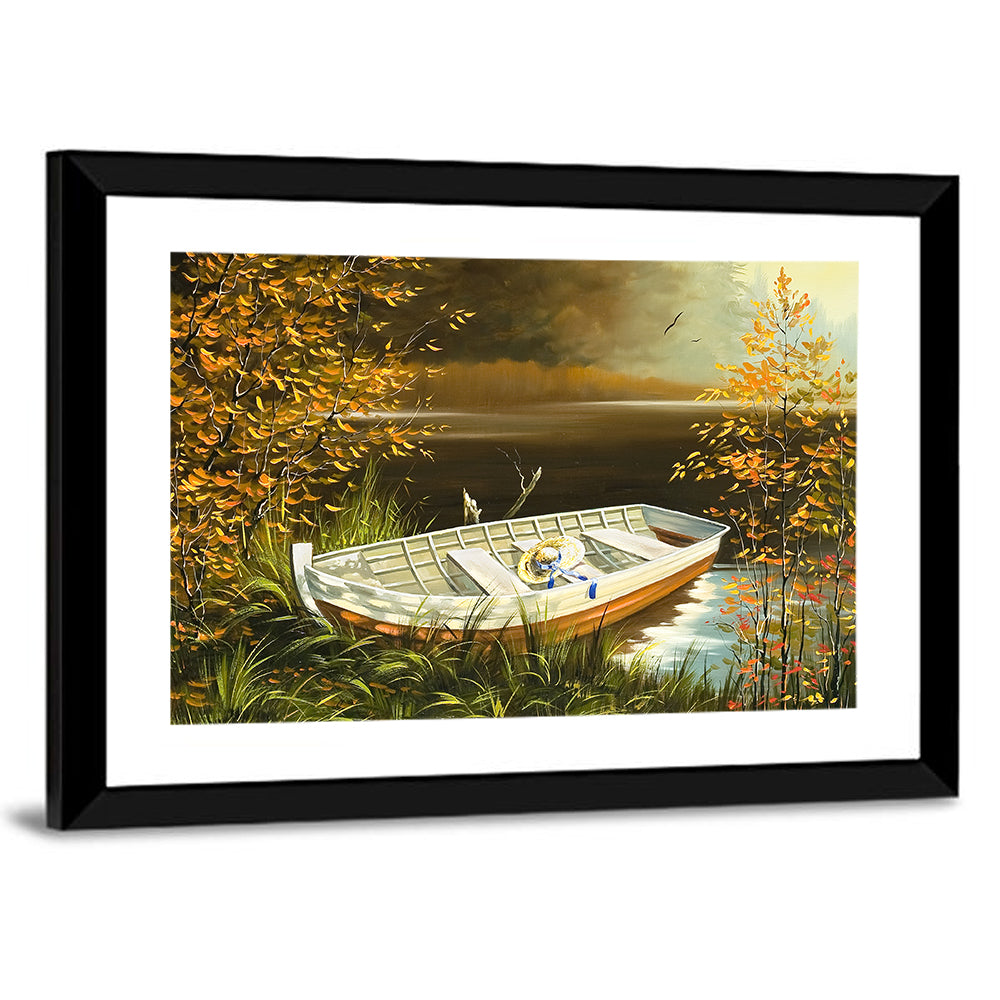 Boat with Straw Hat on Lake Bank Wall Art