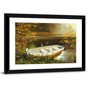 Wooden Boat On Bank Of Lake Wall Art