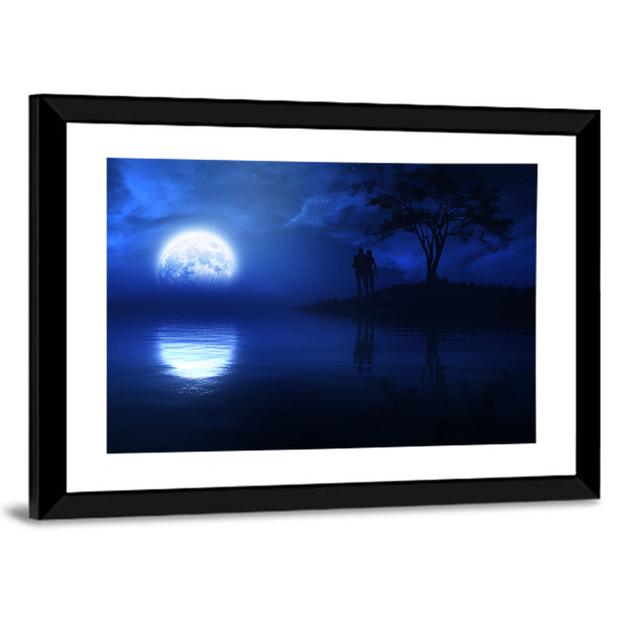 Loving Couple Under Moonlight Wall Art as a framed print