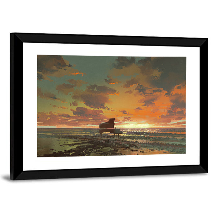Piano on the Beach at Sunset Wall Art as a framed print
