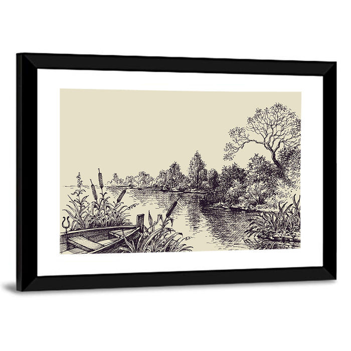 Ink Sketch Rowboat on Lake Wall Art as a framed print