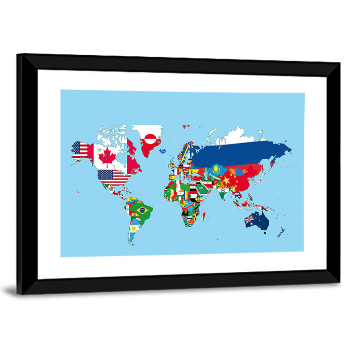 World Map with Flag Motifs Wall Art as a framed print