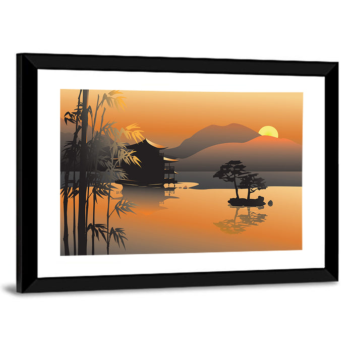 Sunset Over Asian Lake Illustration Wall Art as a framed print