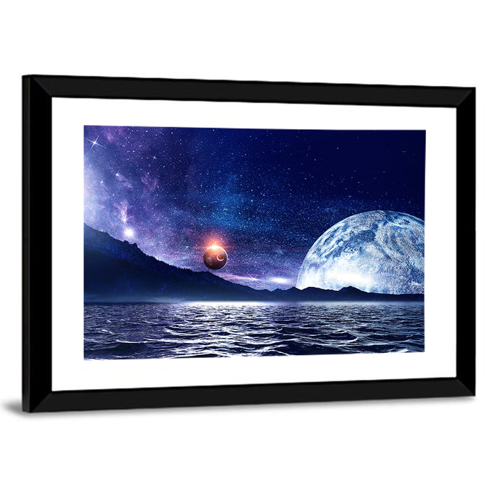 Hidden Moon Over Alien Sea Wall Art as a framed print