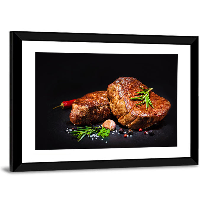 Grilled Beef Fillet Steaks with Rosemary Wall Art as a framed print