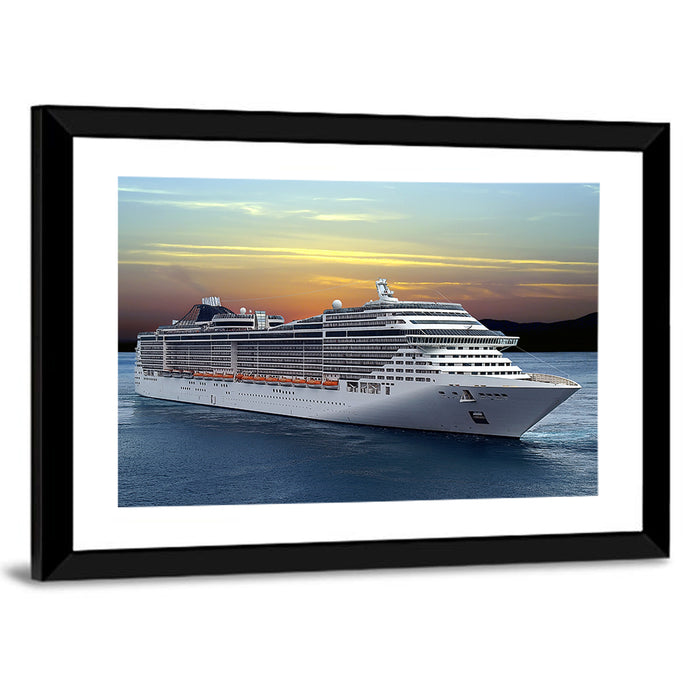 Cruise Ship at Sunset Wall Art as a framed print