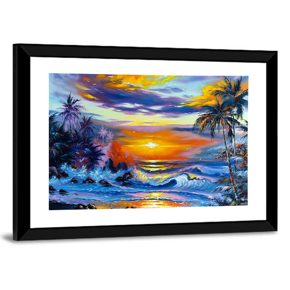 Evening Coastal Sunset with Palm Silhouettes Wall Art