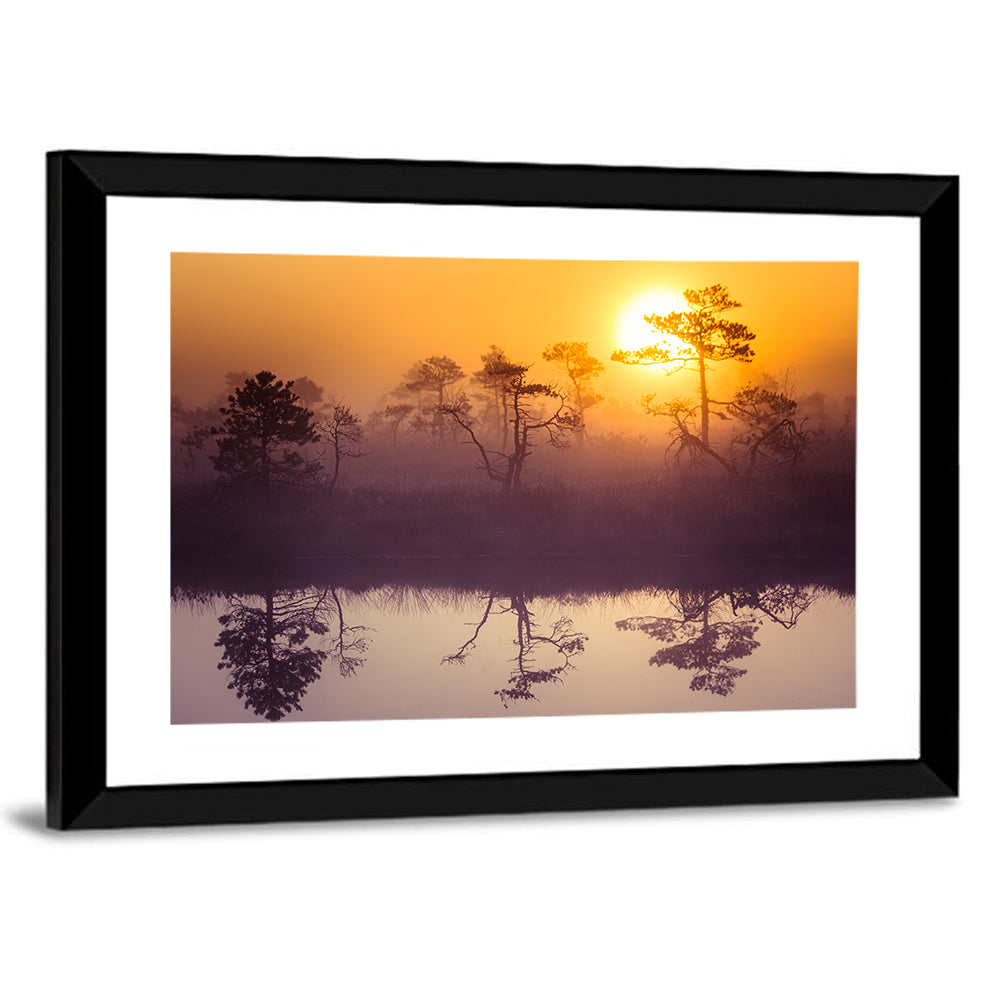 Misty Golden Lake Sunrise Wall Art