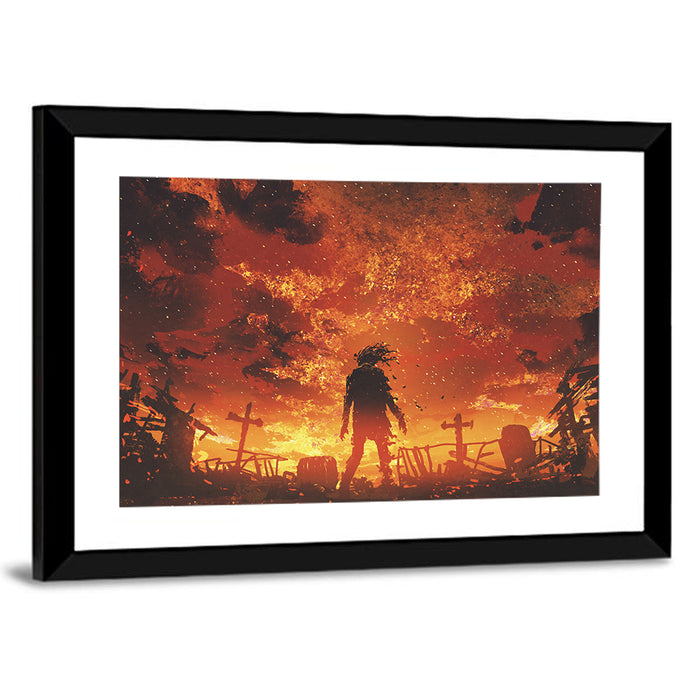 Zombie Walking Through Burnt Cemetery Wall Art as a framed print