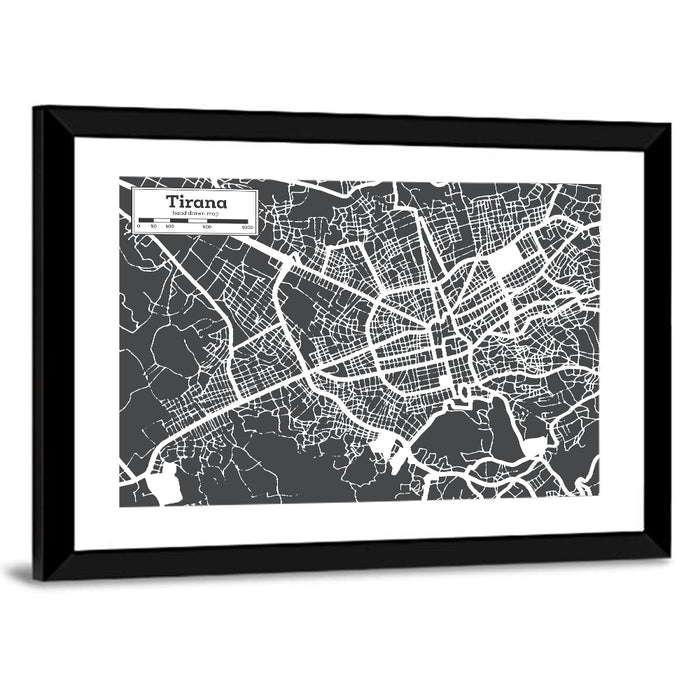 Tirana City Map Wall Art as a framed print