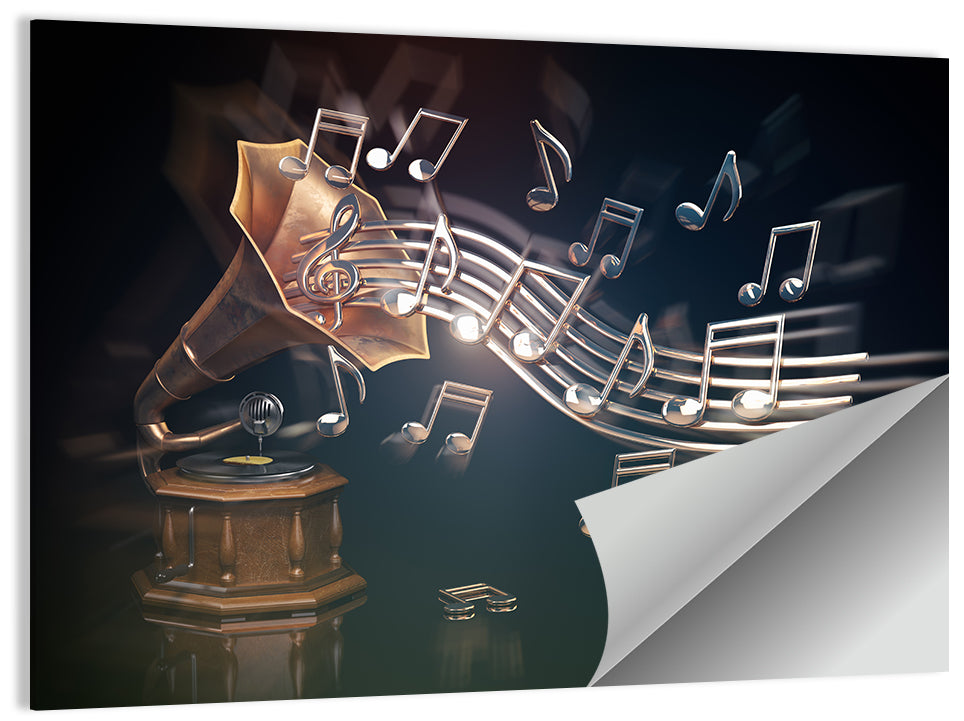 Gramophone with Flowing Musical Staff Wall Art
