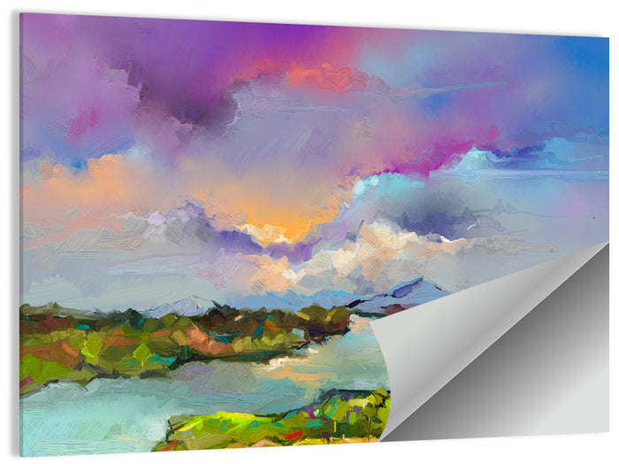 Sunset River and Meadow Abstraction Wall Art as a poster print