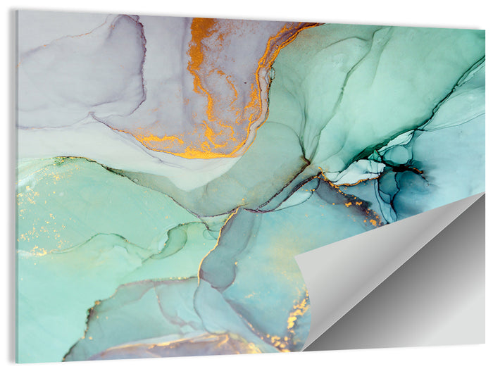 Teal Ink Marbling with Gold Veins Wall Art as a poster print