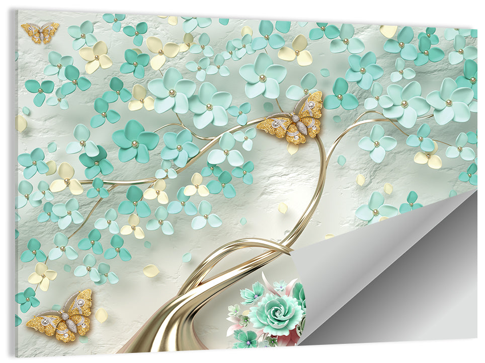 Teal and Gold Floral Abstraction Wall Art