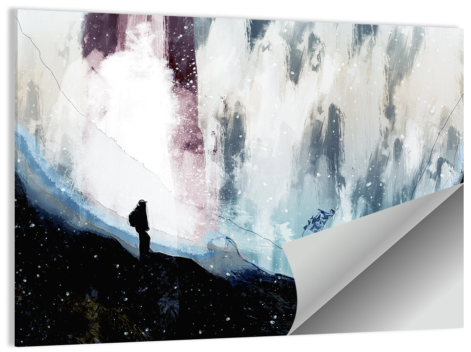 Silhouette on Cliff Over Waterfall Wall Art