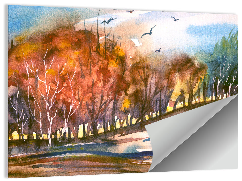 Autumn Dusk Watercolor Landscape Wall Art