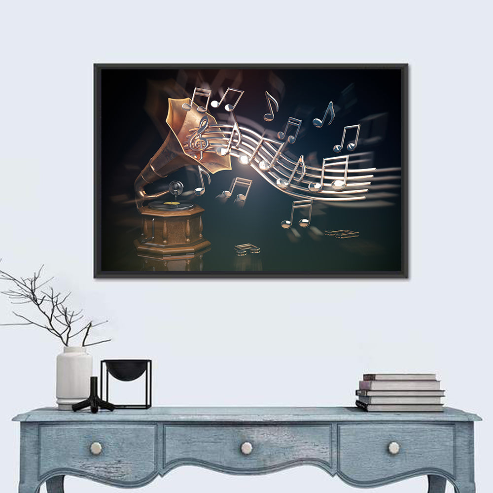 Gramophone with Flowing Musical Staff Wall Art in a room, landscape
