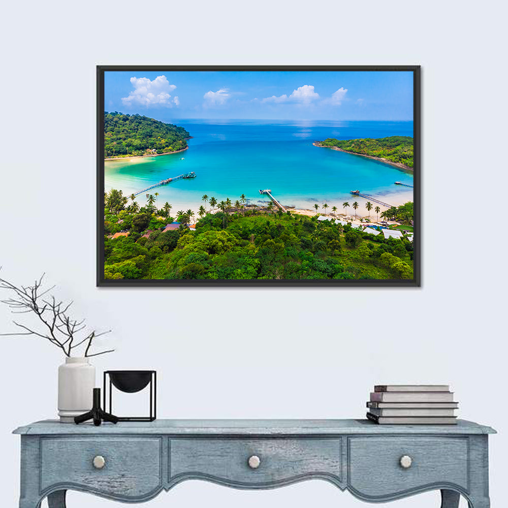 Tropical Bay with Wooden Piers Wall Art in a room, landscape