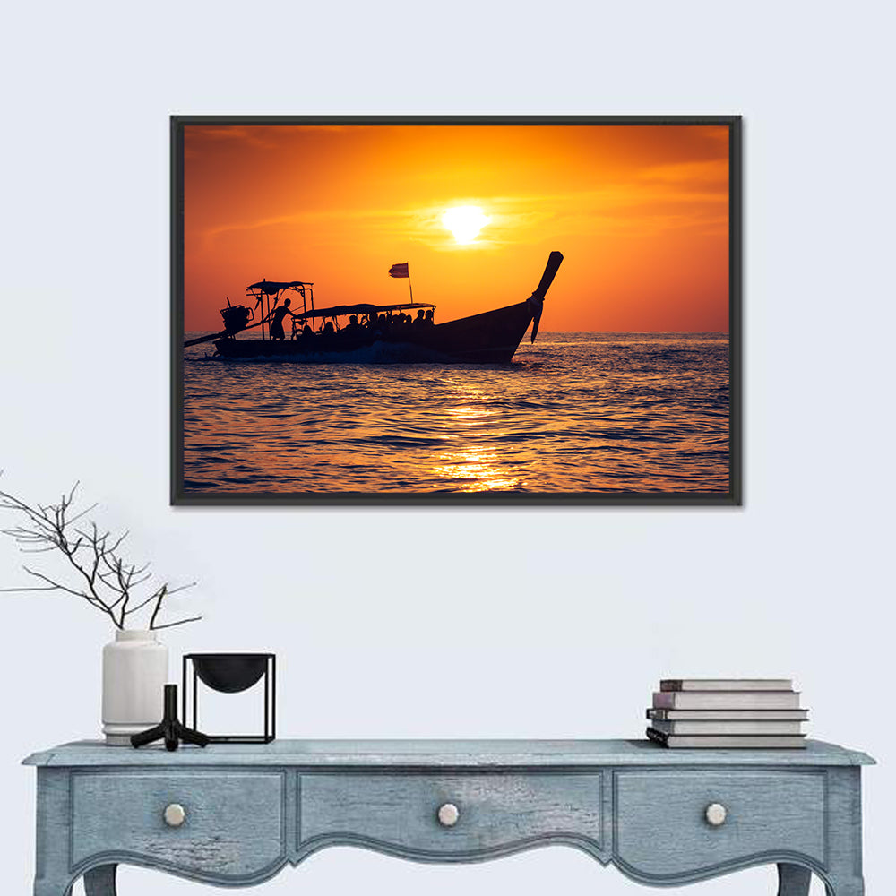 Longtail Boat at Sunset Wall Art in a room, landscape