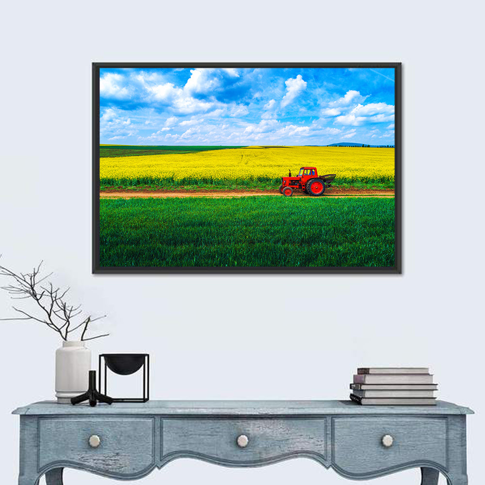Red Tractor Over Yellow Rapeseed Field Wall Art