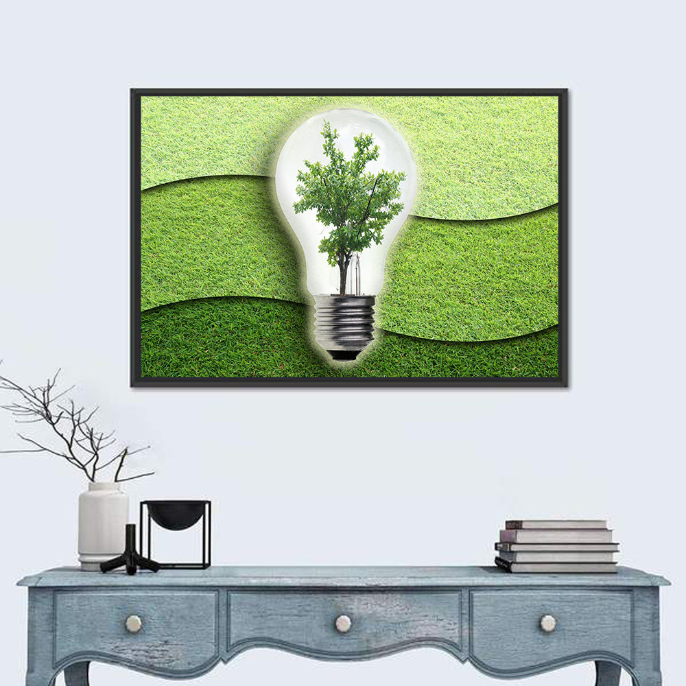 Light Bulb Tree Earth Concept Wall Art in a room, landscape