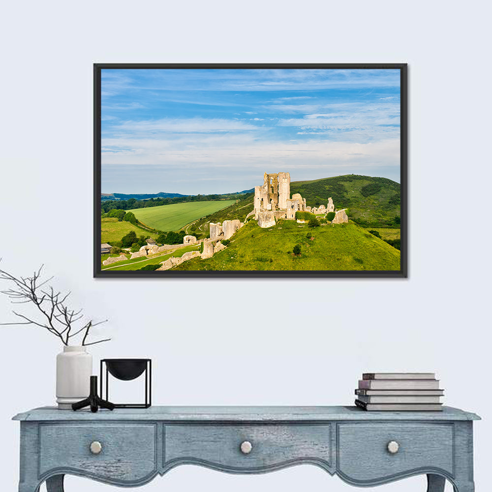Corfe Castle Ruins Wall Art in a room, landscape