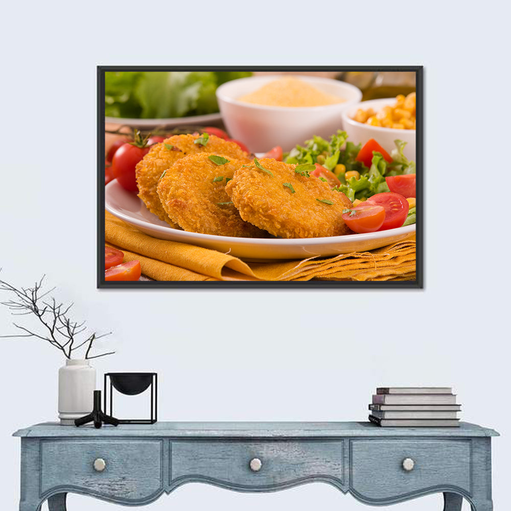 Golden Corn Cutlet Burger Wall Art in a room, landscape