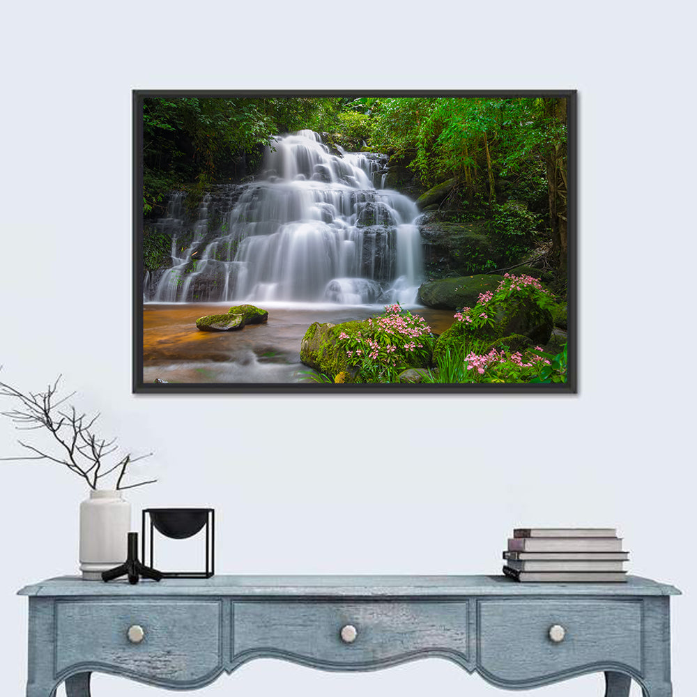 Mun Daeng Waterfall with Mossy Boulders Wall Art in a room, landscape
