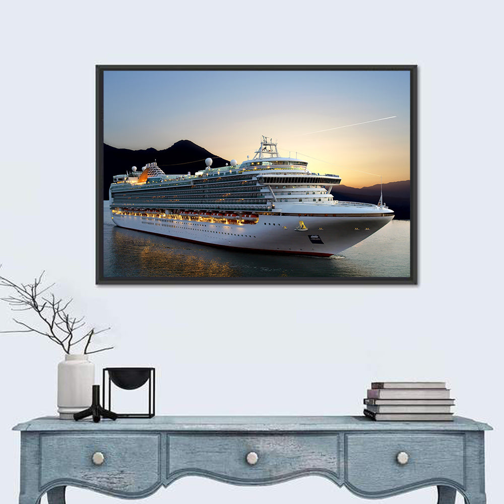 Cruise Ship at Sunset Wall Art in a room, landscape