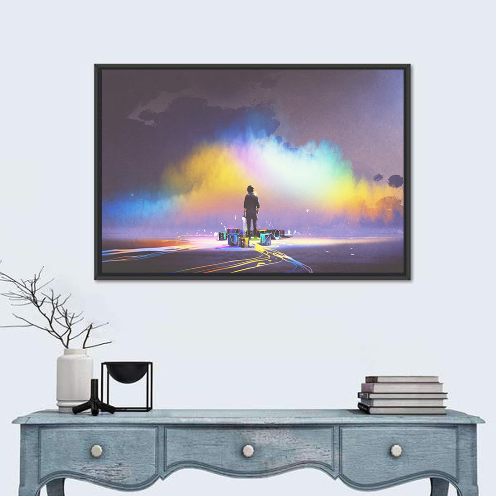 Silhouette with Paint Buckets and Rainbow Light Wall Art in a room, landscape