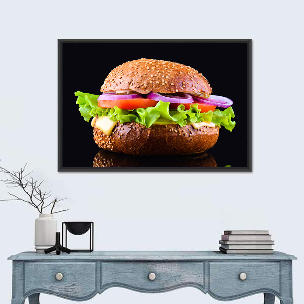 Sesame Bun Vegetarian Burger Wall Art in a room, landscape