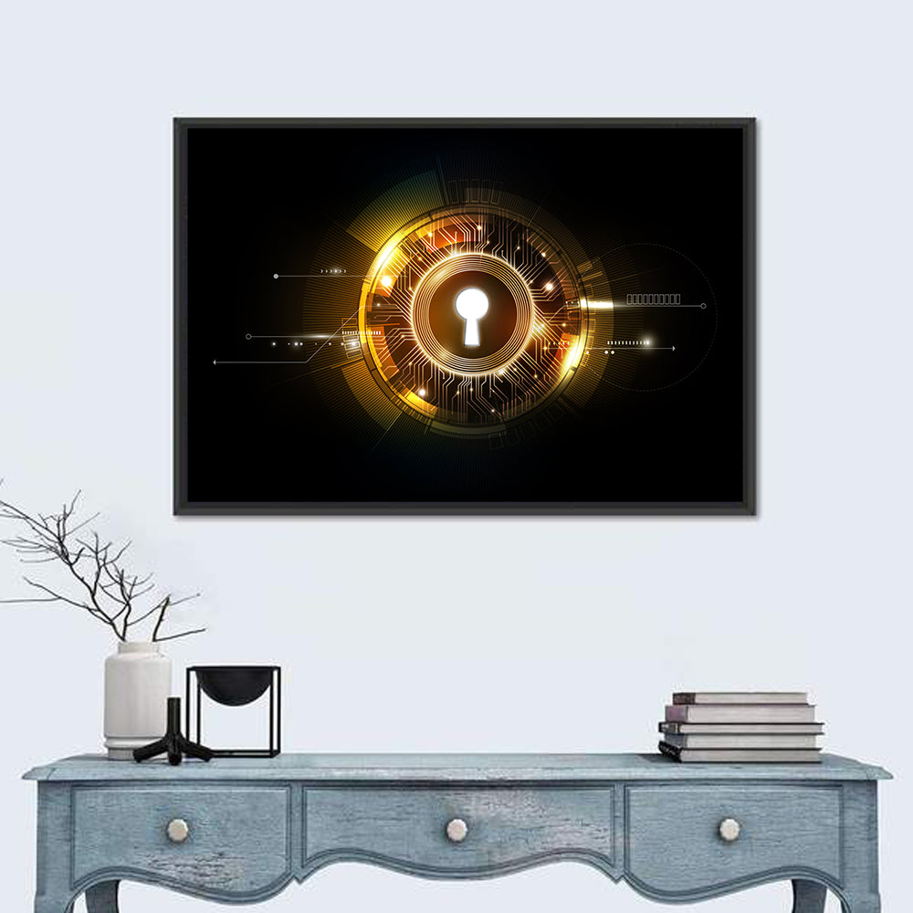 Glowing Keyhole Tech Abstract Wall Art in a room, landscape