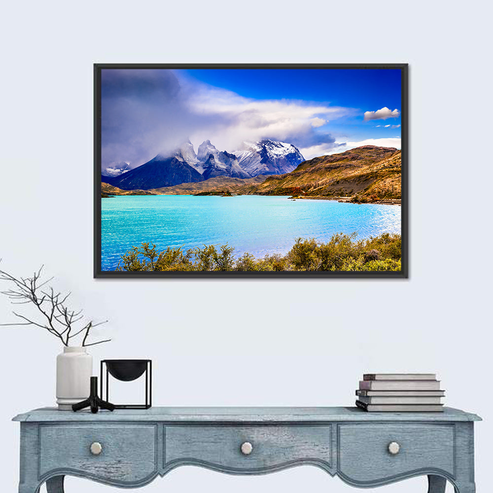 Torres Del Paine Mountain Lake Wall Art in a room, landscape