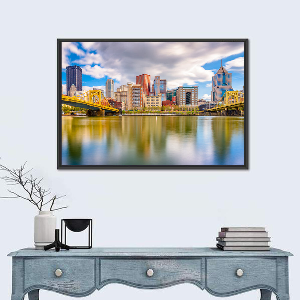 Pittsburgh Skyline with Roberto Clemente Bridge Wall Art in a room, landscape