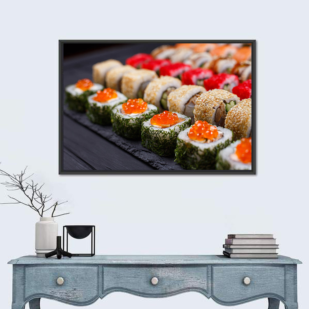 Sushi Rolls with Salmon Roe Wall Art in a room, landscape