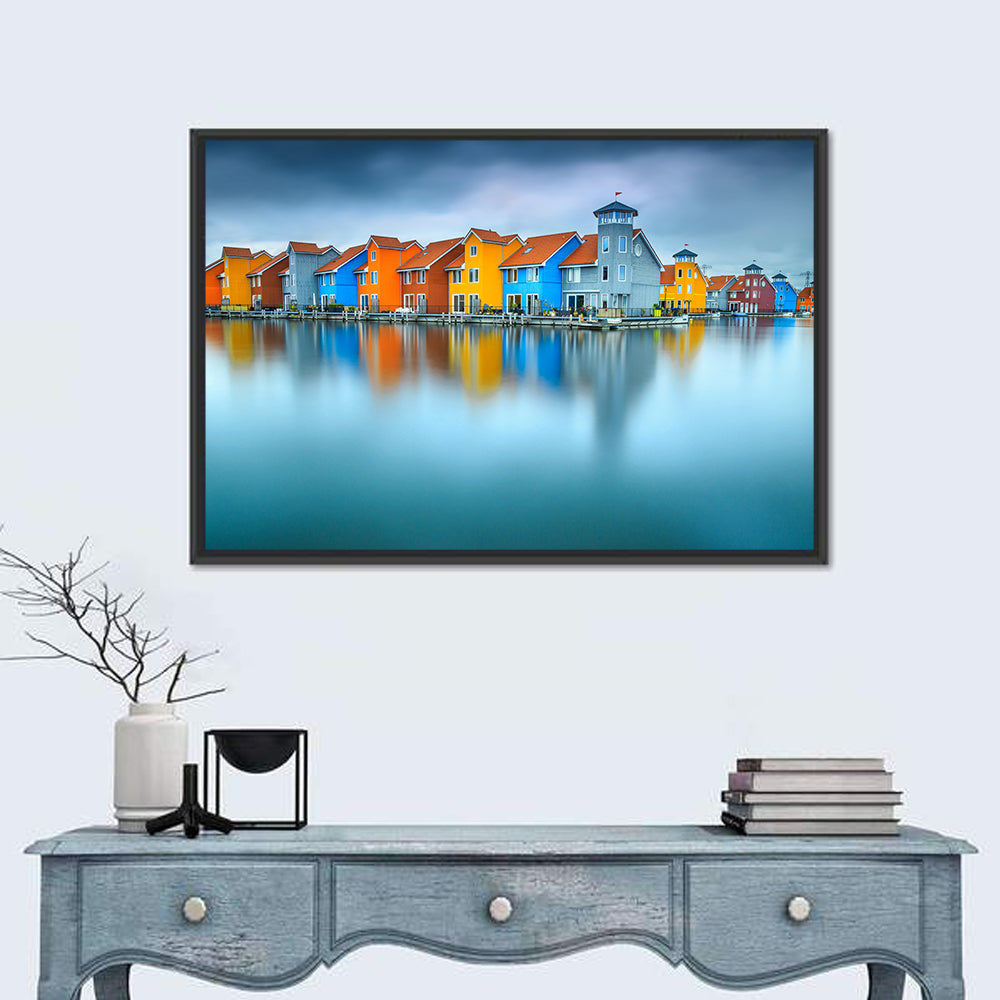 Colorful Waterfront Houses Wall Art in a room, landscape